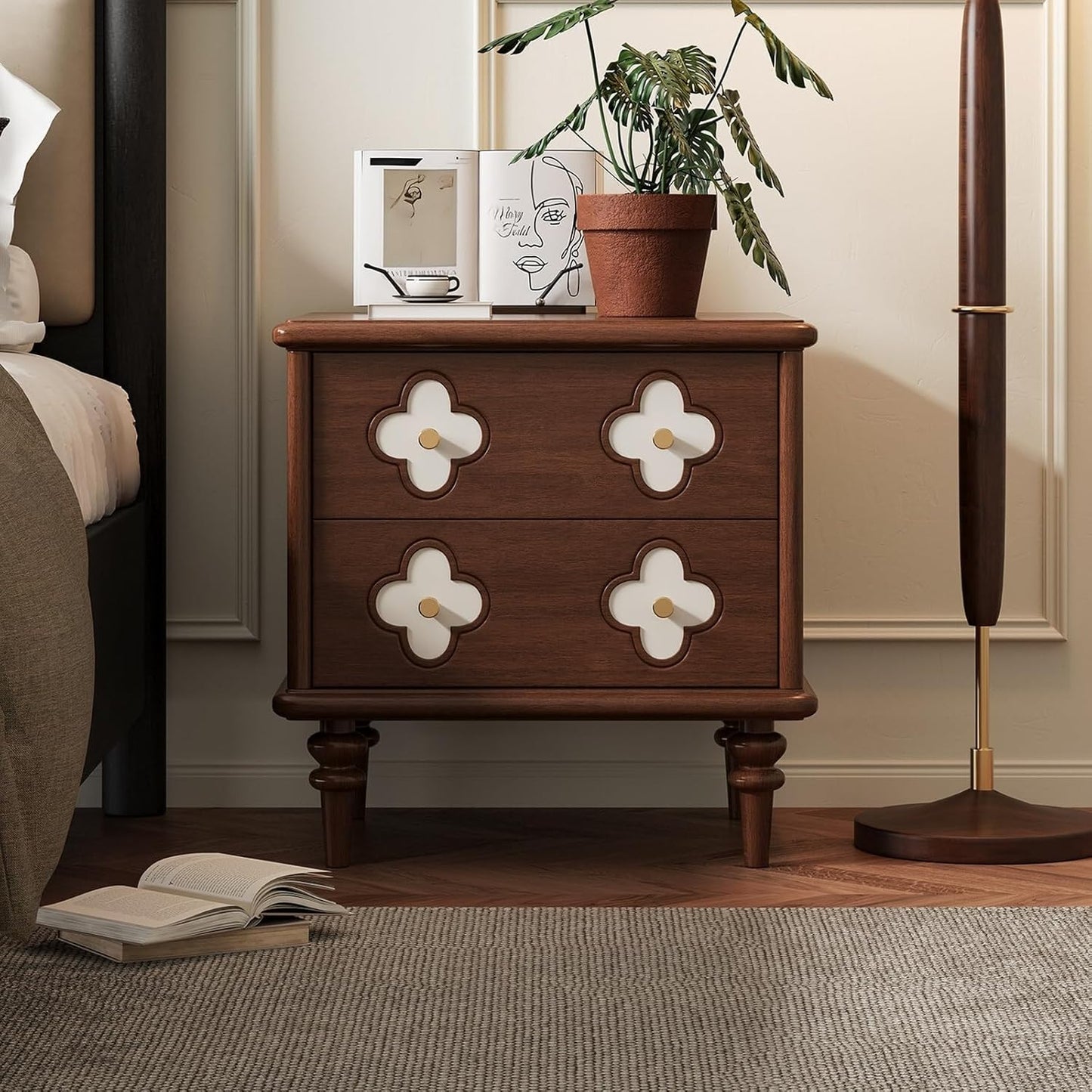 Vintage Nightstand with 2 Storage Drawers and Floral Detail Design, Wooden Bedside Table with Turned Legs for Bedroom and Living Room, Brown Finish