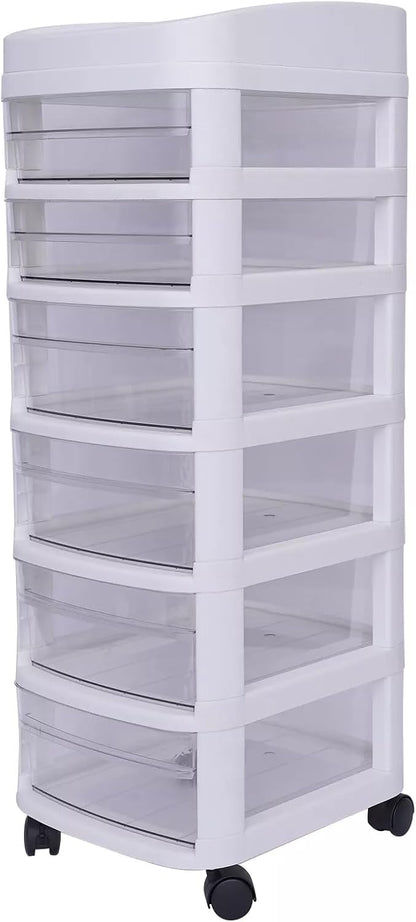 6-Drawer Rolling Storage Cart with Clear Drawers, Mobile Plastic Organizer Cabinet with Removable Wheels for Home, Office, Classroom and Craft Storage