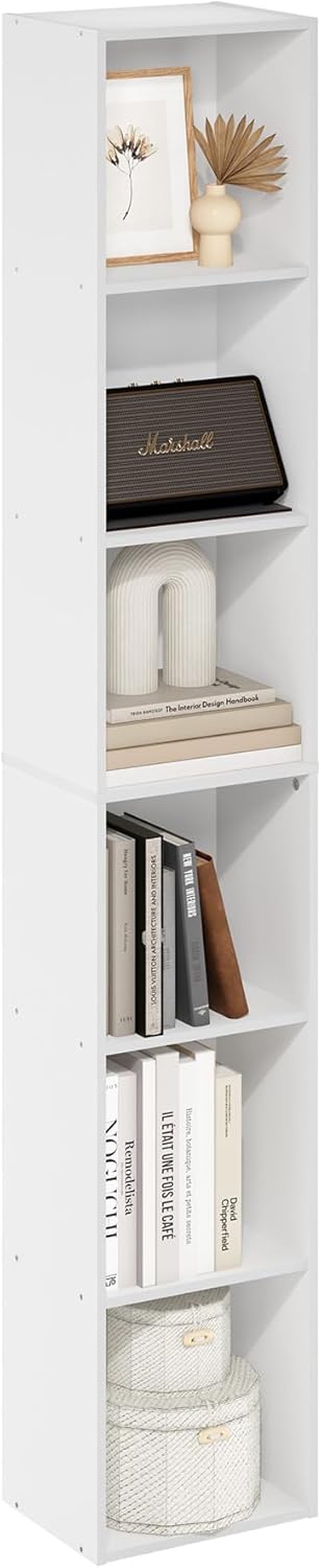 6-Tier Tall Bookshelf with Open Shelves, Modern Narrow Bookcase Storage Organizer for Living Room, Bedroom and Home Office, White Finish