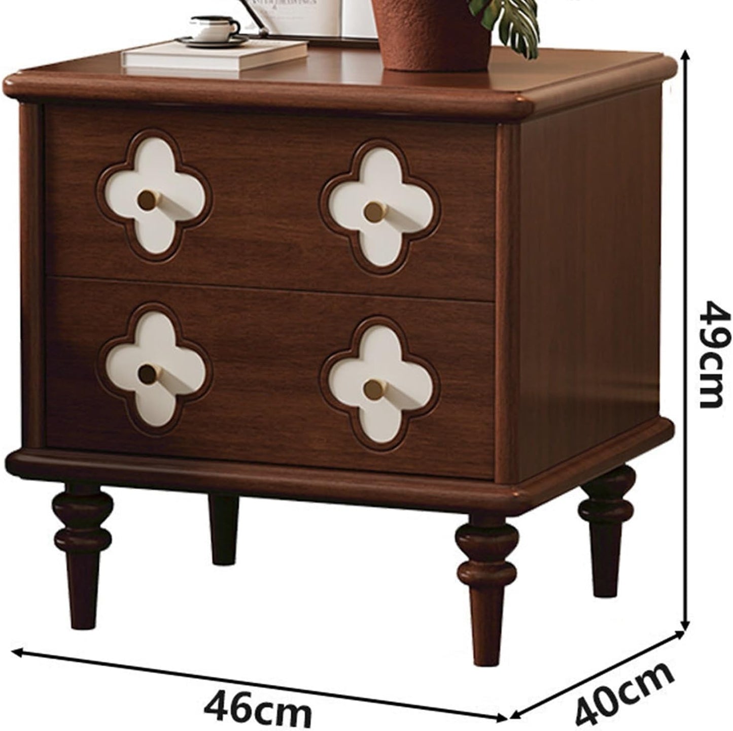 Vintage Nightstand with 2 Storage Drawers and Floral Detail Design, Wooden Bedside Table with Turned Legs for Bedroom and Living Room, Brown Finish