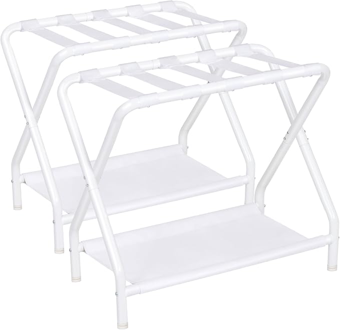 Set of 2 Foldable Luggage Racks with Storage Shelf, Heavy Duty Suitcase Stands for Guest Room, Bedroom, Hotel and Travel Organization