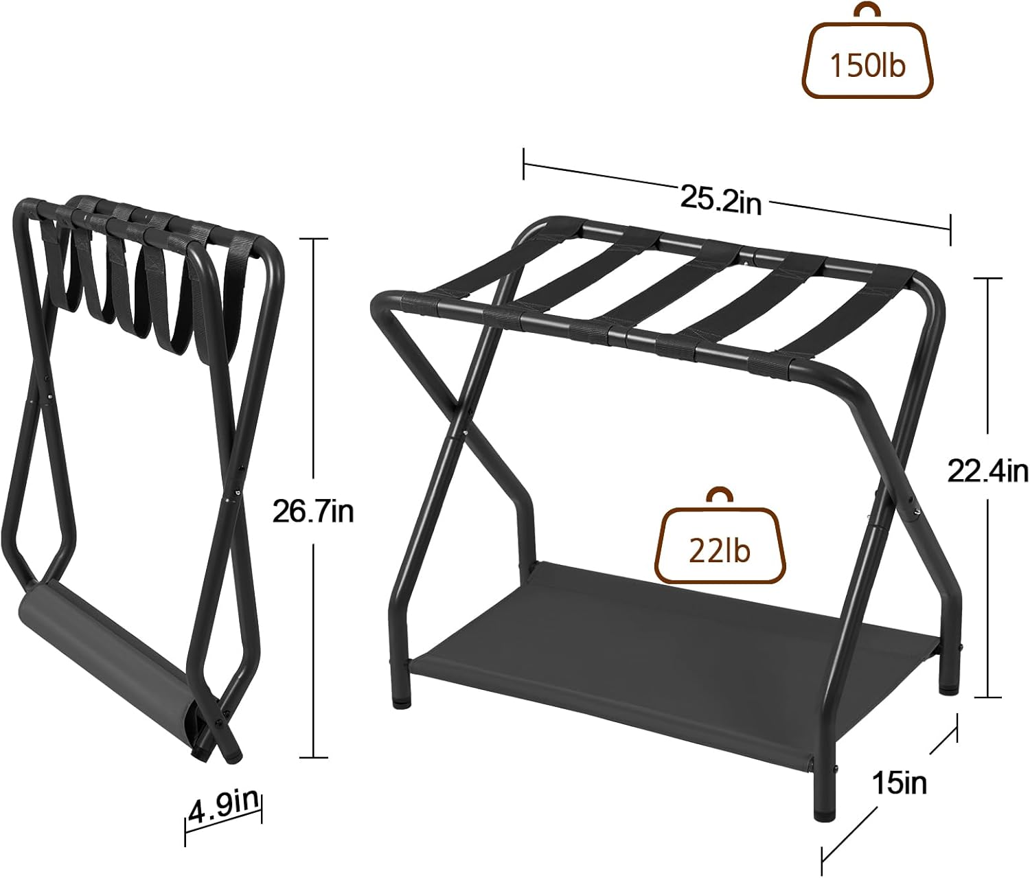 Set of 2 Foldable Luggage Racks with Storage Shelf, Heavy Duty Suitcase Stands for Guest Room, Bedroom, Hotel and Travel Organization