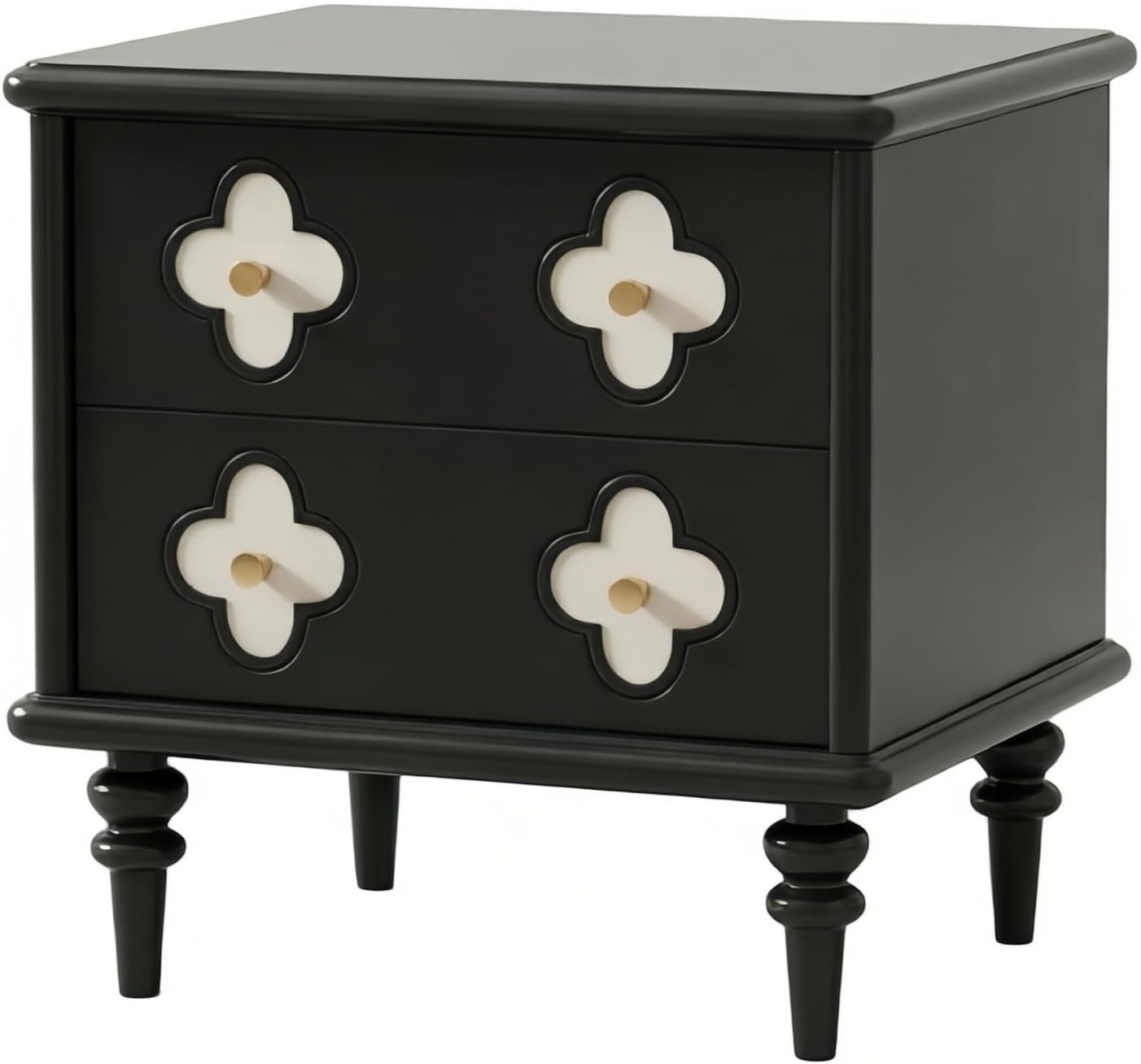 Vintage Nightstand with 2 Storage Drawers and Floral Detail Design, Wooden Bedside Table with Turned Legs for Bedroom and Living Room, Brown Finish