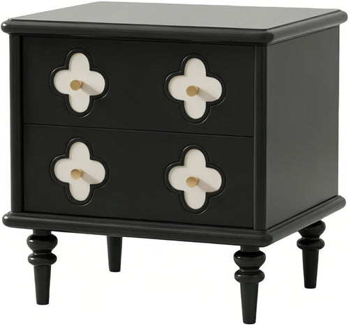 Vintage Nightstand with 2 Storage Drawers and Floral Detail Design, Wooden Bedside Table with Turned Legs for Bedroom and Living Room, Brown Finish