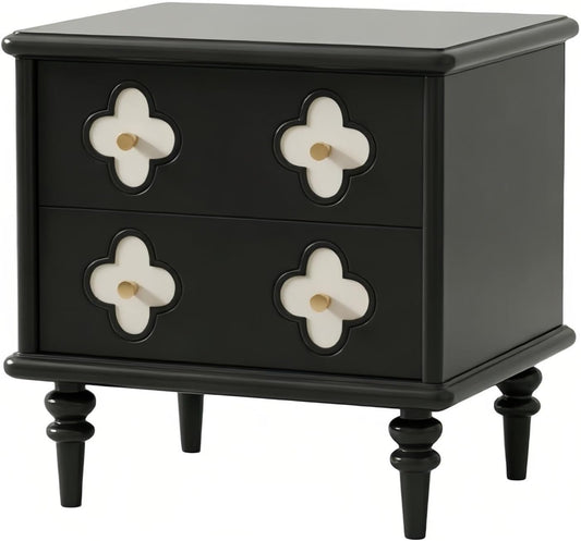 Vintage Nightstand with 2 Storage Drawers and Floral Detail Design, Wooden Bedside Table with Turned Legs for Bedroom and Living Room, Brown Finish