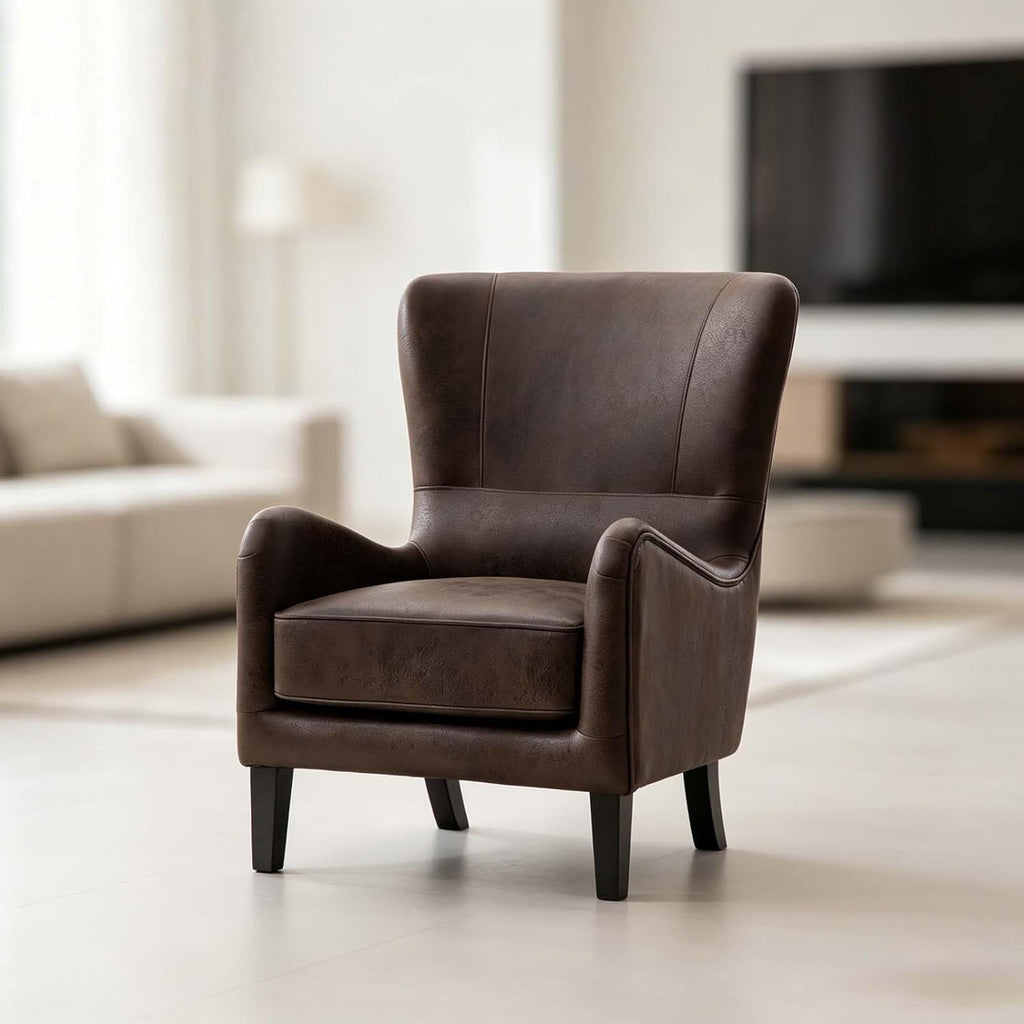 Classic Leather Wingback Accent Chair, Upholstered Armchair with High Back Support for Living Room, Bedroom, Reading Nook and Home Office