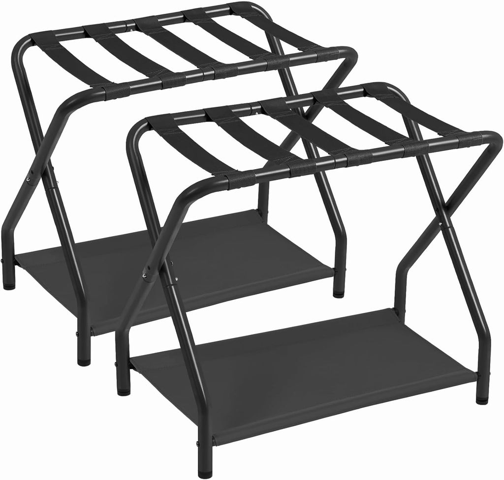 Set of 2 Foldable Luggage Racks with Storage Shelf, Heavy Duty Suitcase Stands for Guest Room, Bedroom, Hotel and Travel Organization