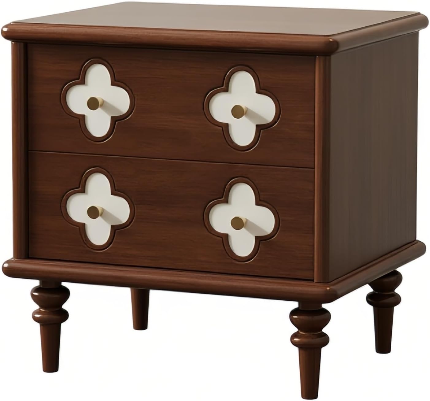 Vintage Nightstand with 2 Storage Drawers and Floral Detail Design, Wooden Bedside Table with Turned Legs for Bedroom and Living Room, Brown Finish