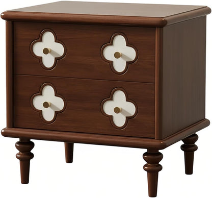 Vintage Nightstand with 2 Storage Drawers and Floral Detail Design, Wooden Bedside Table with Turned Legs for Bedroom and Living Room, Brown Finish