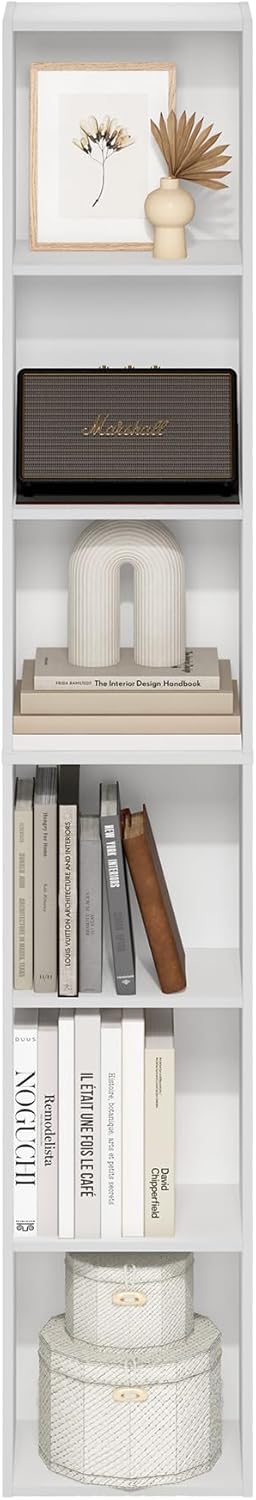 6-Tier Tall Bookshelf with Open Shelves, Modern Narrow Bookcase Storage Organizer for Living Room, Bedroom and Home Office, White Finish