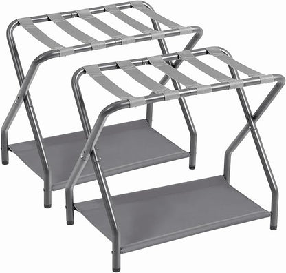 Set of 2 Foldable Luggage Racks with Storage Shelf, Heavy Duty Suitcase Stands for Guest Room, Bedroom, Hotel and Travel Organization