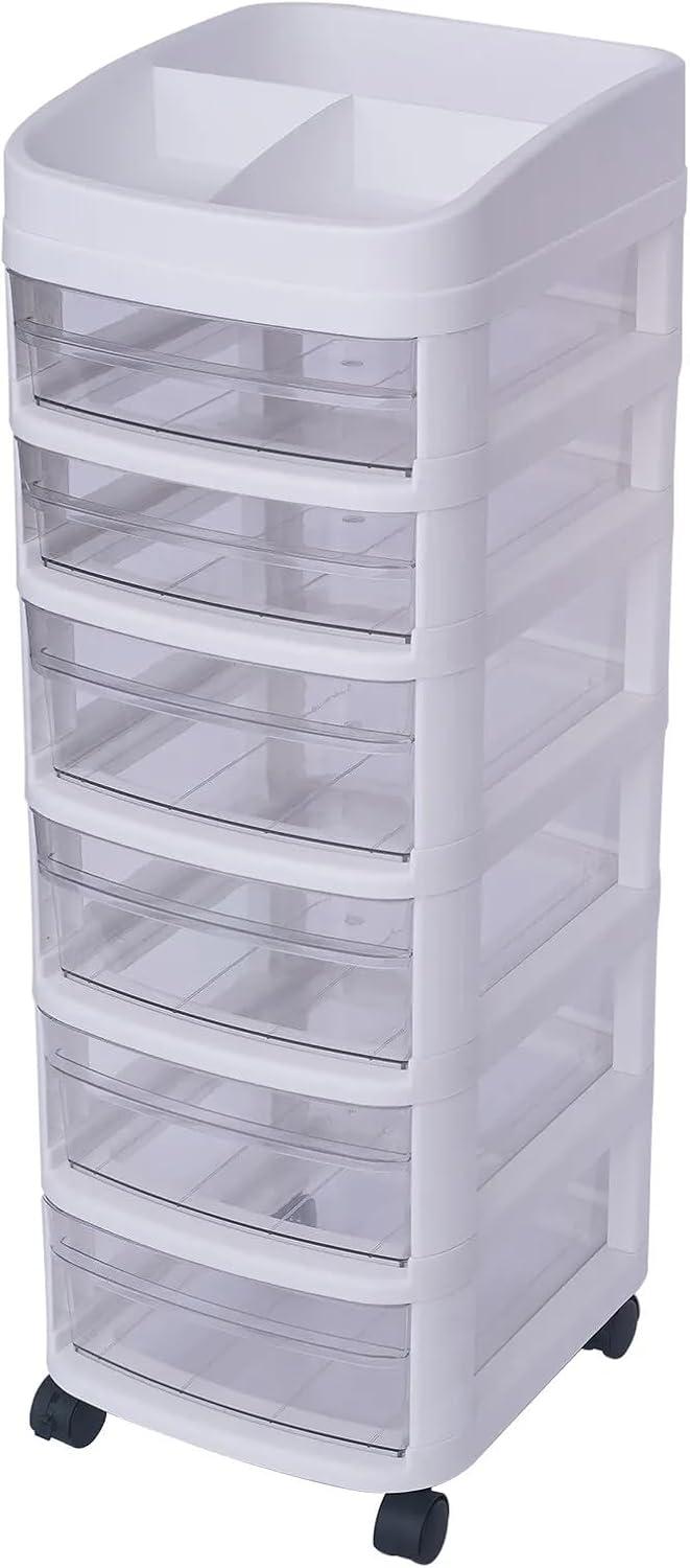 6-Drawer Rolling Storage Cart with Clear Drawers, Mobile Plastic Organizer Cabinet with Removable Wheels for Home, Office, Classroom and Craft Storage