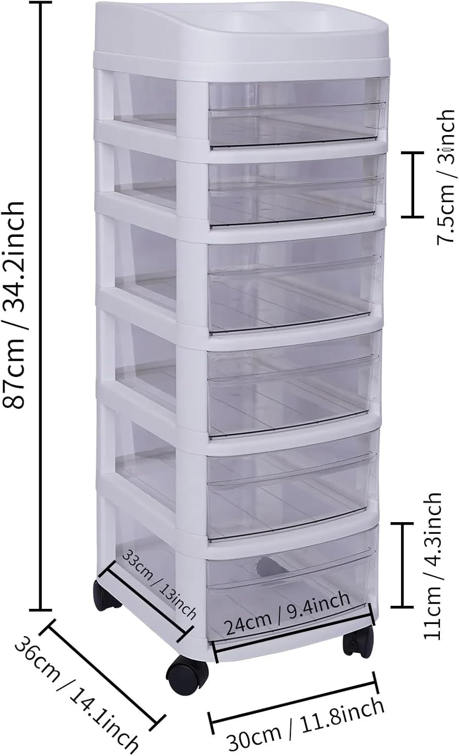 6-Drawer Rolling Storage Cart with Clear Drawers, Mobile Plastic Organizer Cabinet with Removable Wheels for Home, Office, Classroom and Craft Storage