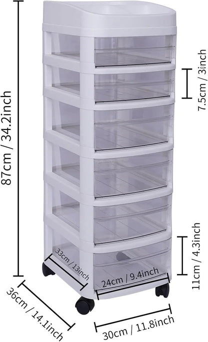 6-Drawer Rolling Storage Cart with Clear Drawers, Mobile Plastic Organizer Cabinet with Removable Wheels for Home, Office, Classroom and Craft Storage