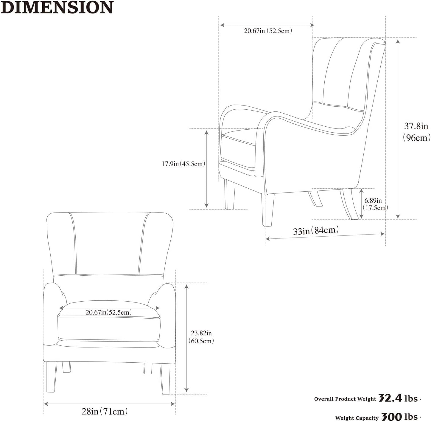 Classic Leather Wingback Accent Chair, Upholstered Armchair with High Back Support for Living Room, Bedroom, Reading Nook and Home Office