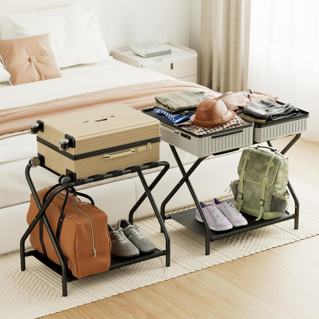 Set of 2 Foldable Luggage Racks with Storage Shelf, Heavy Duty Suitcase Stands for Guest Room, Bedroom, Hotel and Travel Organization