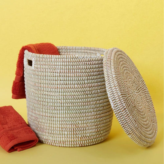 Handwoven White Wicker Storage Basket for Shelves, Bathroom Organizer Bin for Towels, Toilet Paper, Toiletries and Home Décor