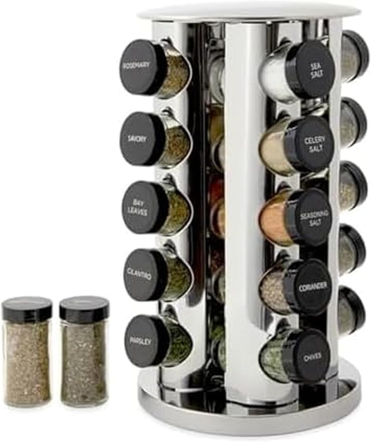 20-Jar Revolving Spice Rack Organizer with Included Spice Jars, Rotating Stainless Steel Countertop Seasoning Carousel for Kitchen Storage and Cooking Essentials