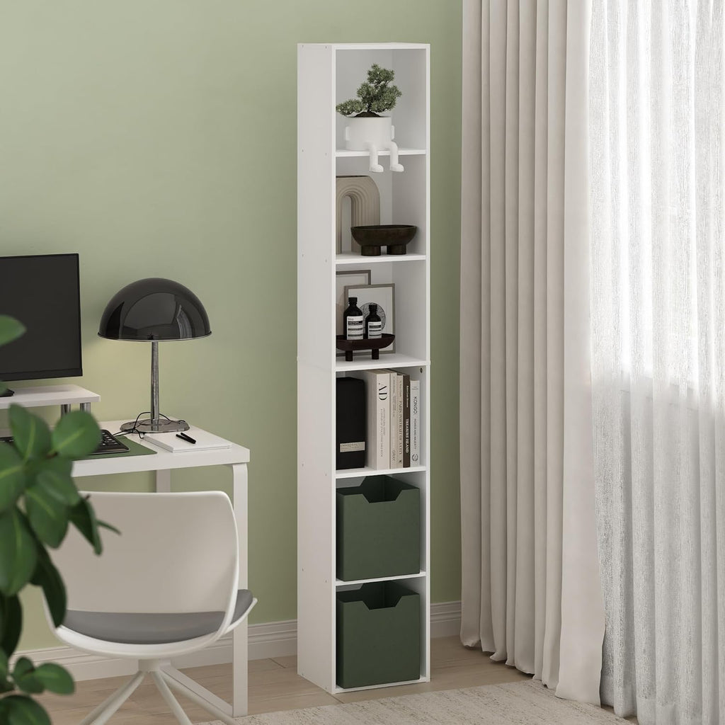 6-Tier Tall Bookshelf with Open Shelves, Modern Narrow Bookcase Storage Organizer for Living Room, Bedroom and Home Office, White Finish