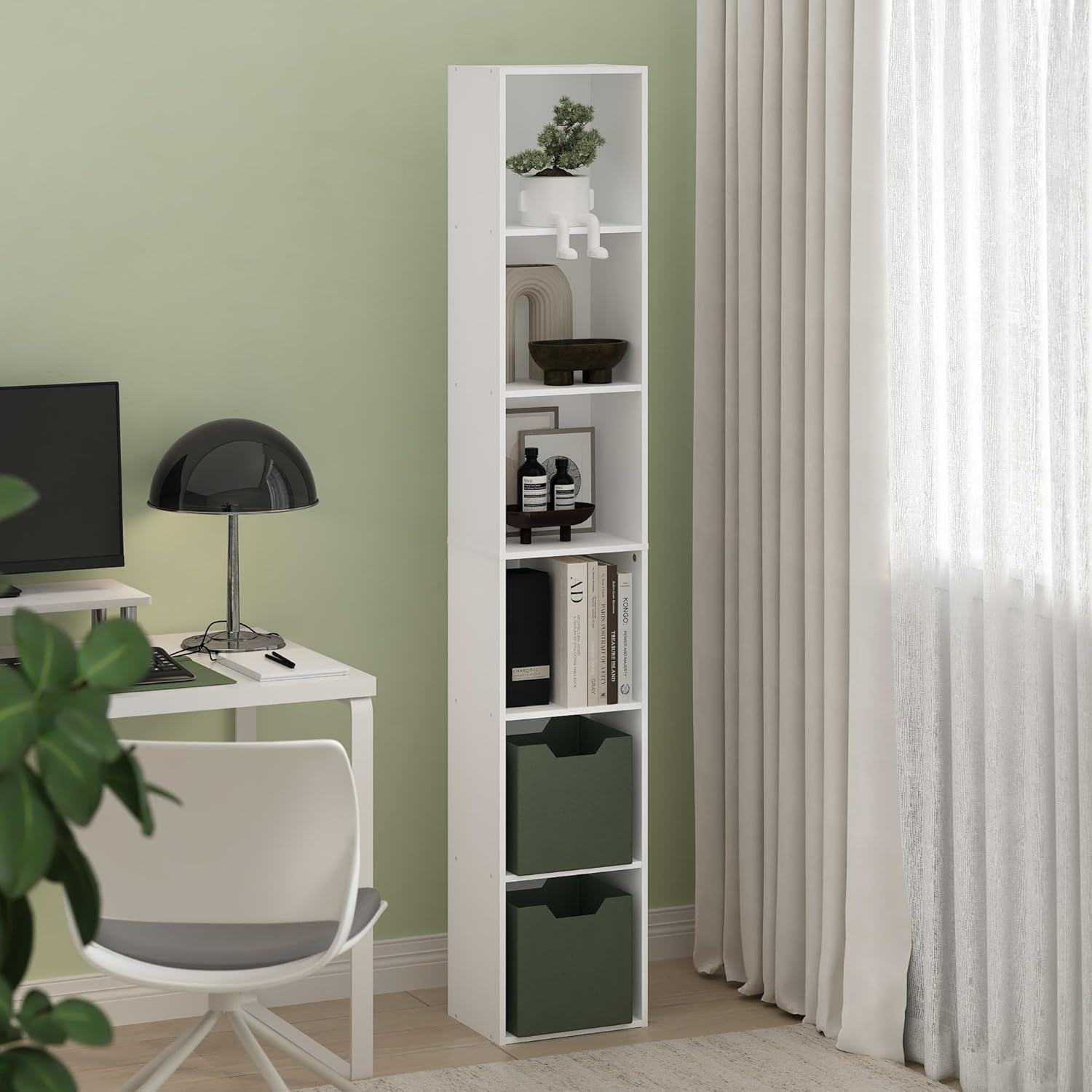6-Tier Tall Bookshelf with Open Shelves, Modern Narrow Bookcase Storage Organizer for Living Room, Bedroom and Home Office, White Finish