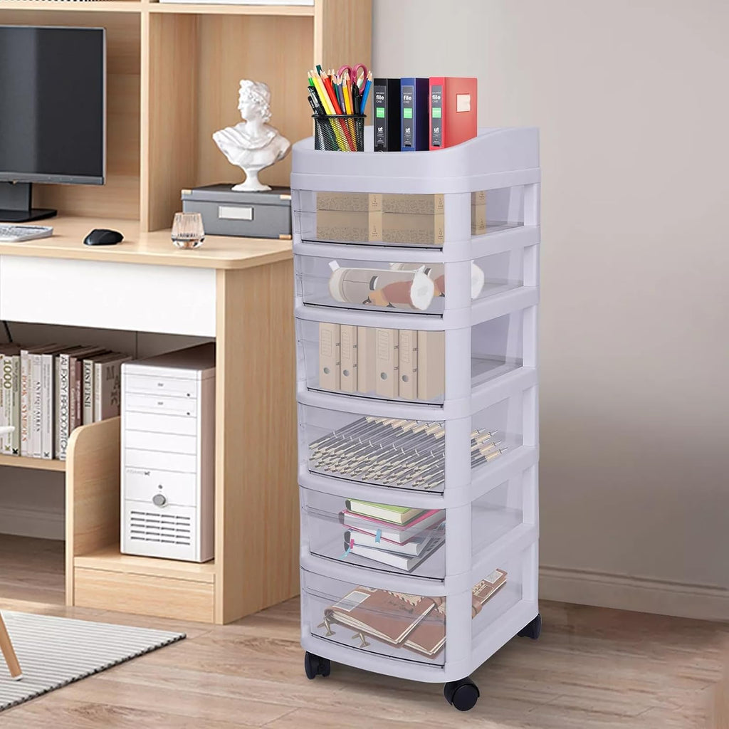 6-Drawer Rolling Storage Cart with Clear Drawers, Mobile Plastic Organizer Cabinet with Removable Wheels for Home, Office, Classroom and Craft Storage