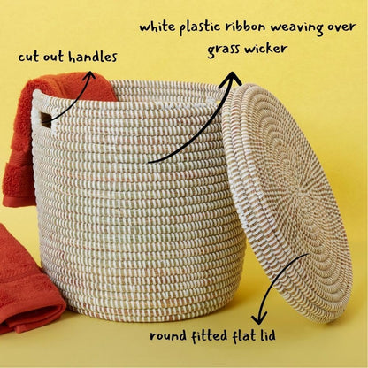 Handwoven White Wicker Storage Basket for Shelves, Bathroom Organizer Bin for Towels, Toilet Paper, Toiletries and Home Décor