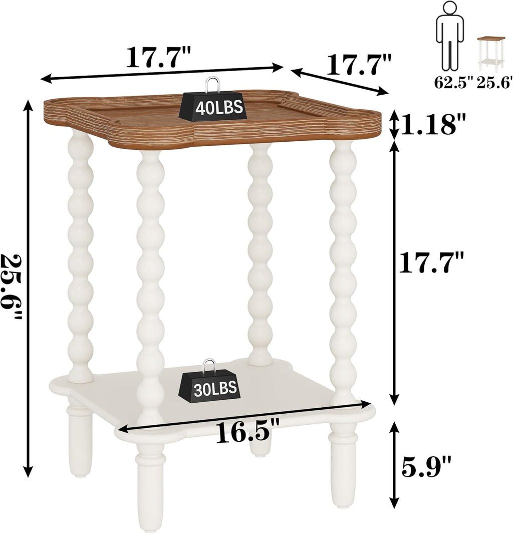 Farmhouse Square Side Table with Open Shelf, French Country End Table and Nightstand with Tray Top and Vintage Spindle Legs for Living Room and Bedroom