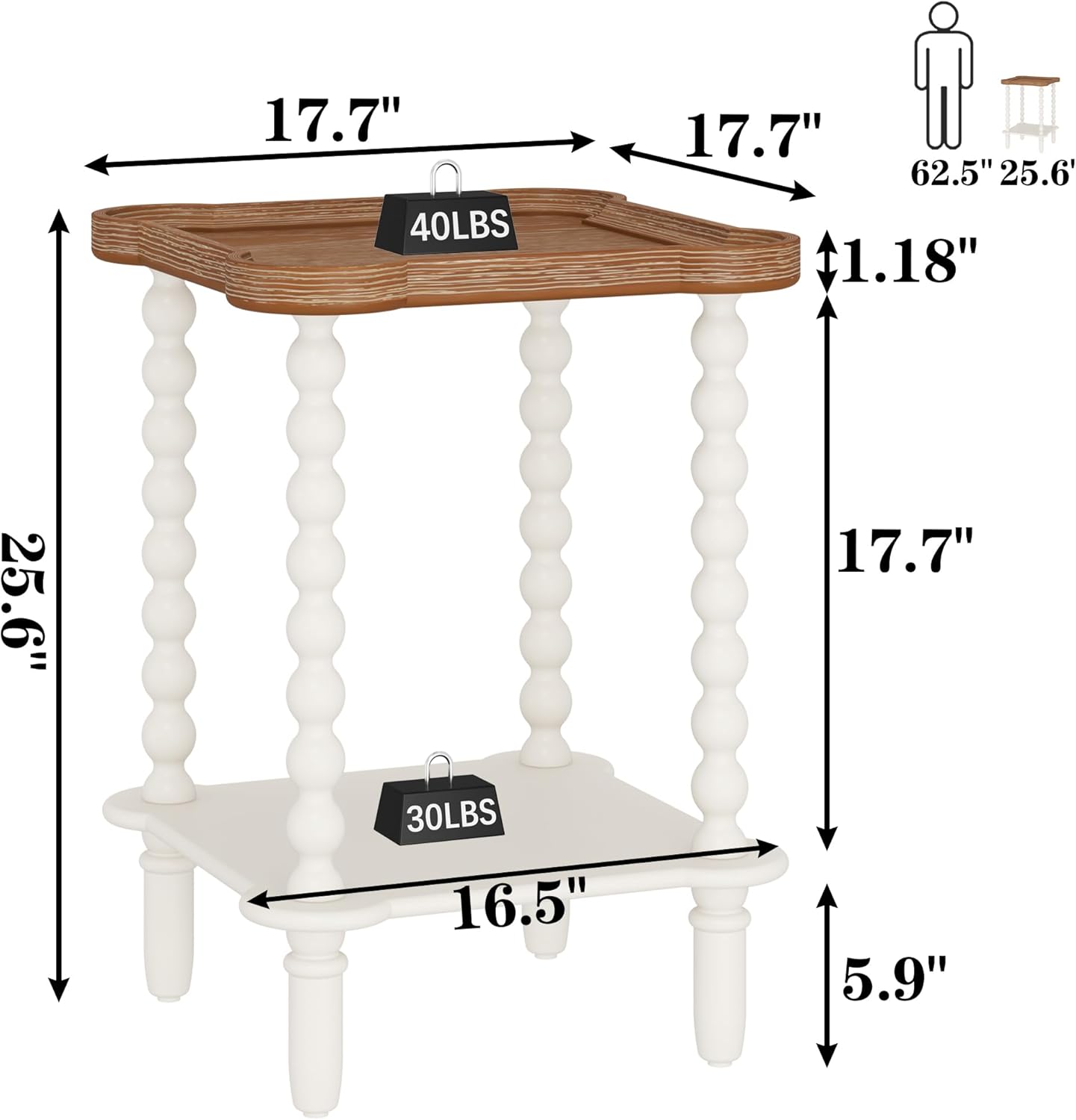 Farmhouse Square Side Table with Open Shelf, French Country End Table and Nightstand with Tray Top and Vintage Spindle Legs for Living Room and Bedroom
