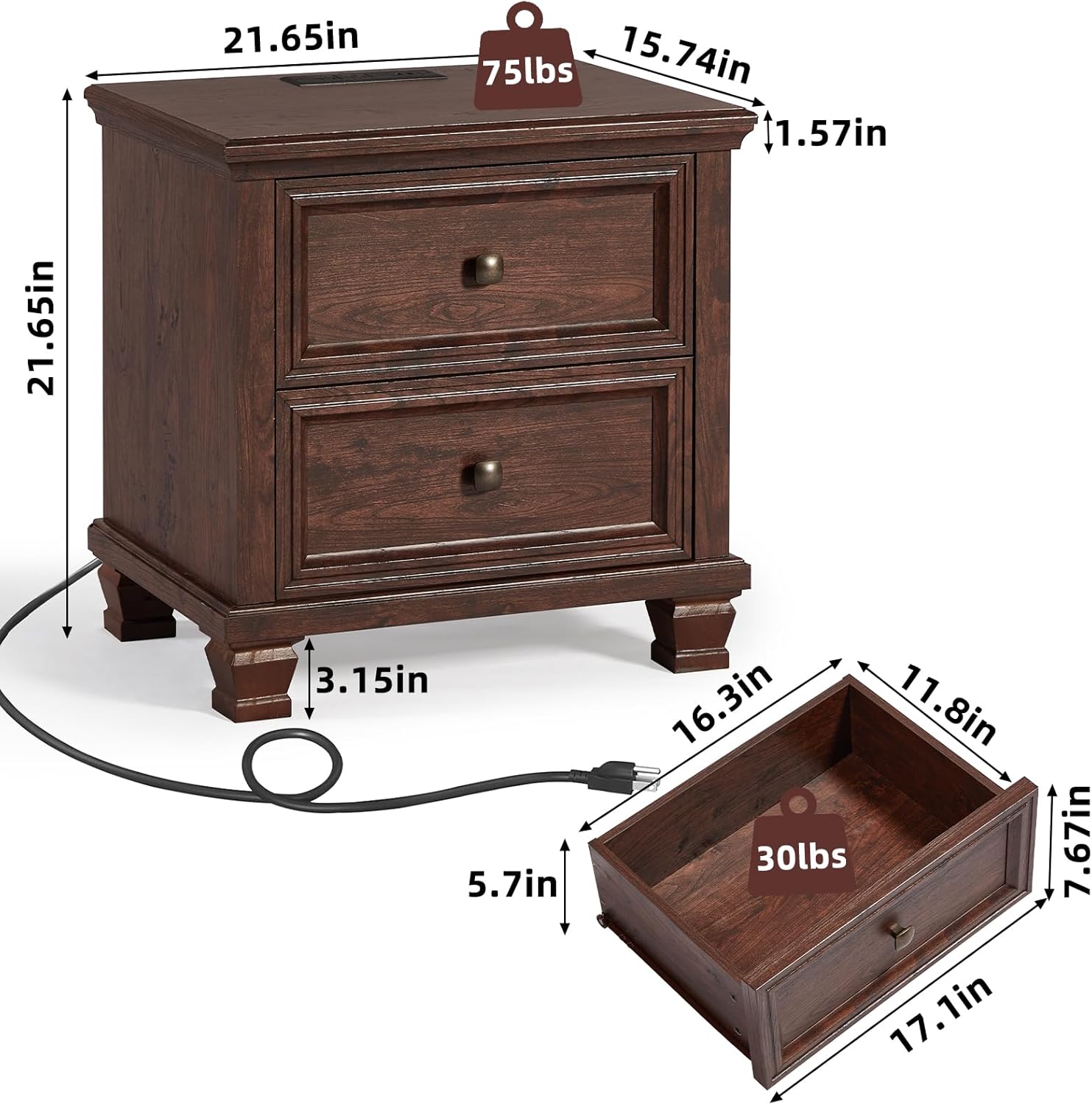 Farmhouse Nightstand with Charging Station and 2 Drawers, Mid-Century Modern End Table with Solid Wood Legs, Rustic Bedside Table for Bedroom and Living Room