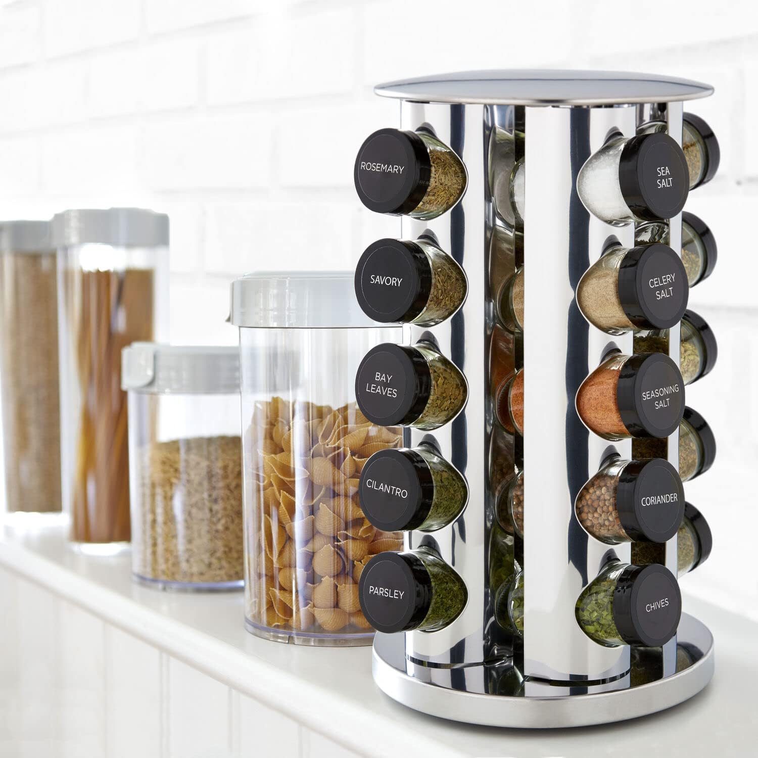 20-Jar Revolving Spice Rack Organizer with Included Spice Jars, Rotating Stainless Steel Countertop Seasoning Carousel for Kitchen Storage and Cooking Essentials