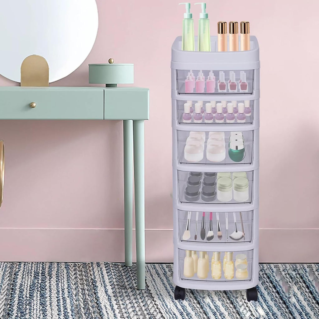 6-Drawer Rolling Storage Cart with Clear Drawers, Mobile Plastic Organizer Cabinet with Removable Wheels for Home, Office, Classroom and Craft Storage
