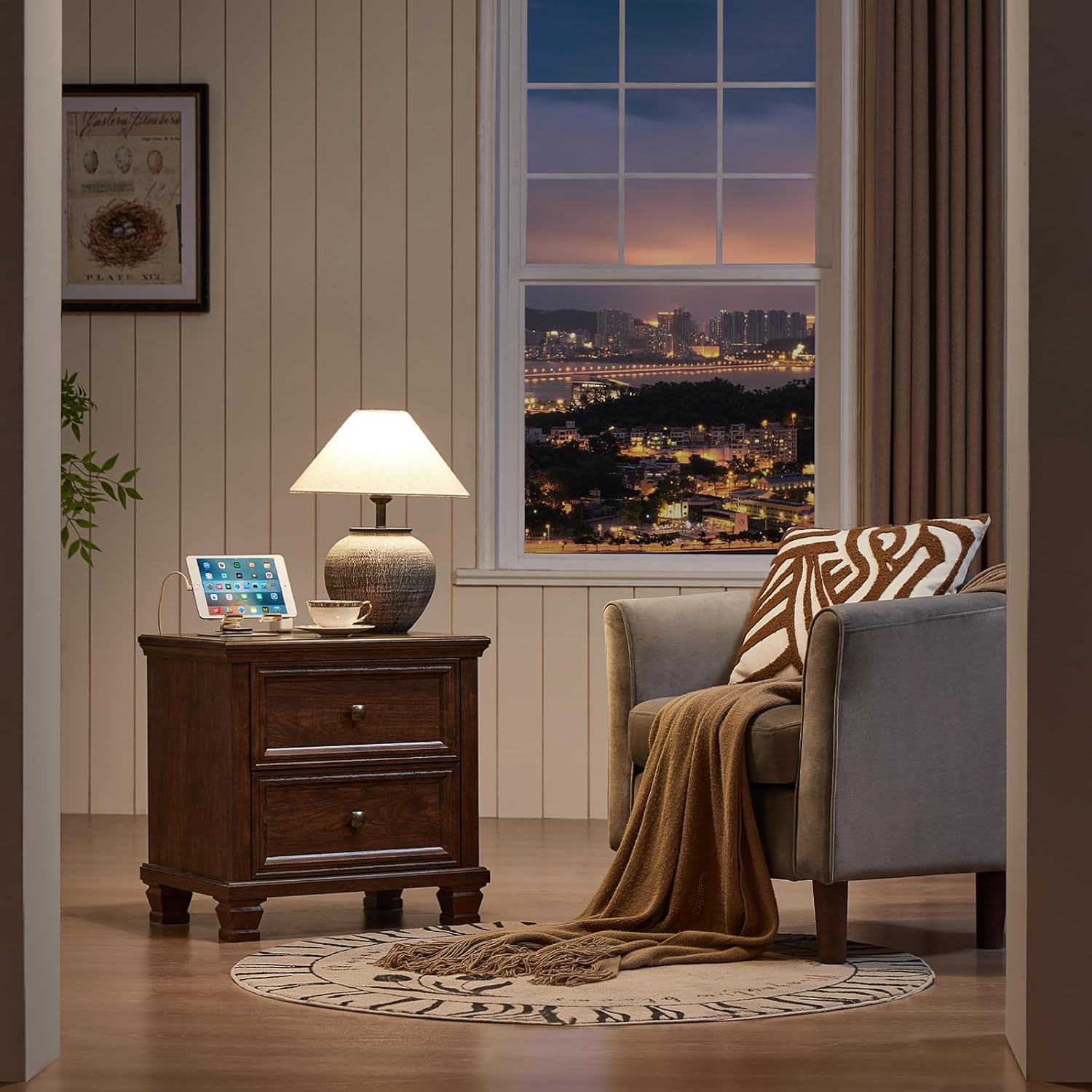 Farmhouse Nightstand with Charging Station and 2 Drawers, Mid-Century Modern End Table with Solid Wood Legs, Rustic Bedside Table for Bedroom and Living Room