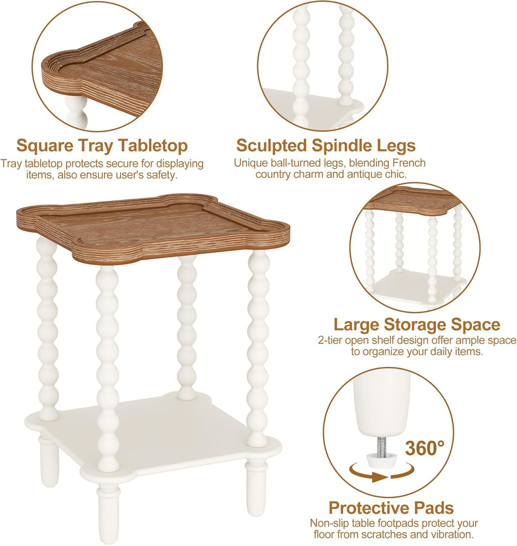 Farmhouse Square Side Table with Open Shelf, French Country End Table and Nightstand with Tray Top and Vintage Spindle Legs for Living Room and Bedroom