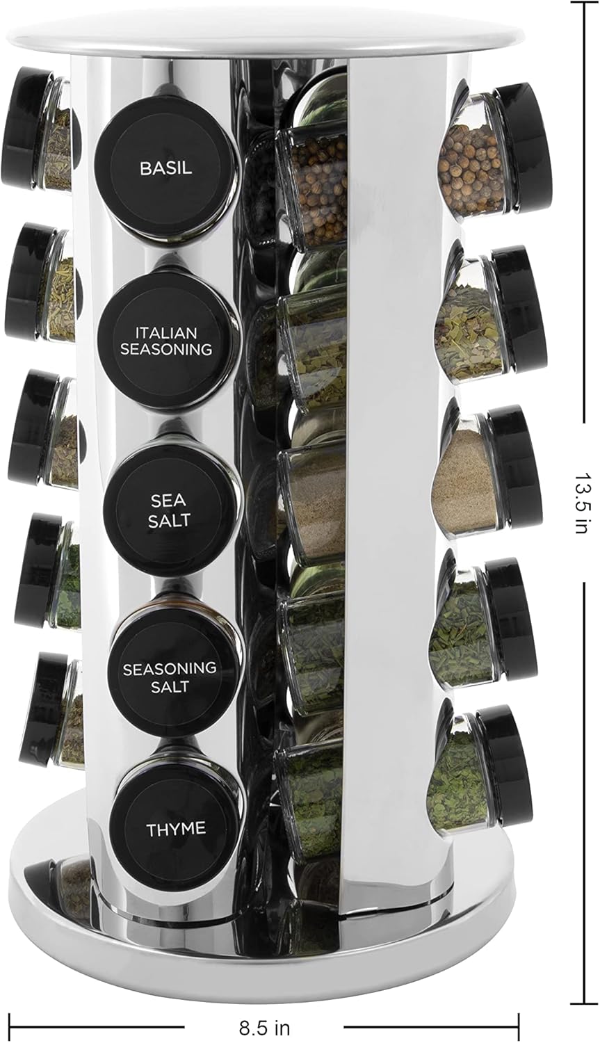 20-Jar Revolving Spice Rack Organizer with Included Spice Jars, Rotating Stainless Steel Countertop Seasoning Carousel for Kitchen Storage and Cooking Essentials