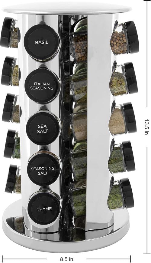 20-Jar Revolving Spice Rack Organizer with Included Spice Jars, Rotating Stainless Steel Countertop Seasoning Carousel for Kitchen Storage and Cooking Essentials