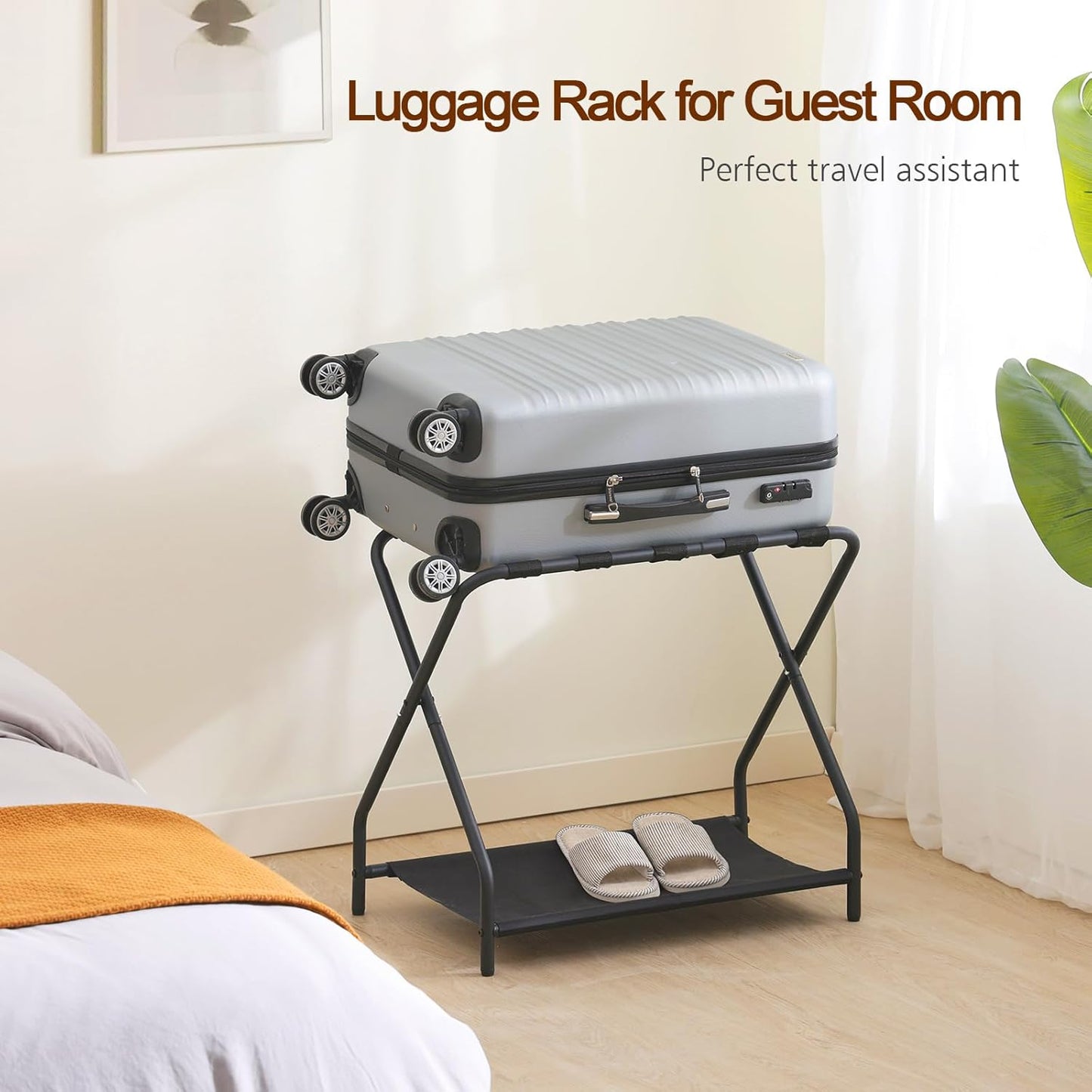 Set of 2 Foldable Luggage Racks with Storage Shelf, Heavy Duty Suitcase Stands for Guest Room, Bedroom, Hotel and Travel Organization
