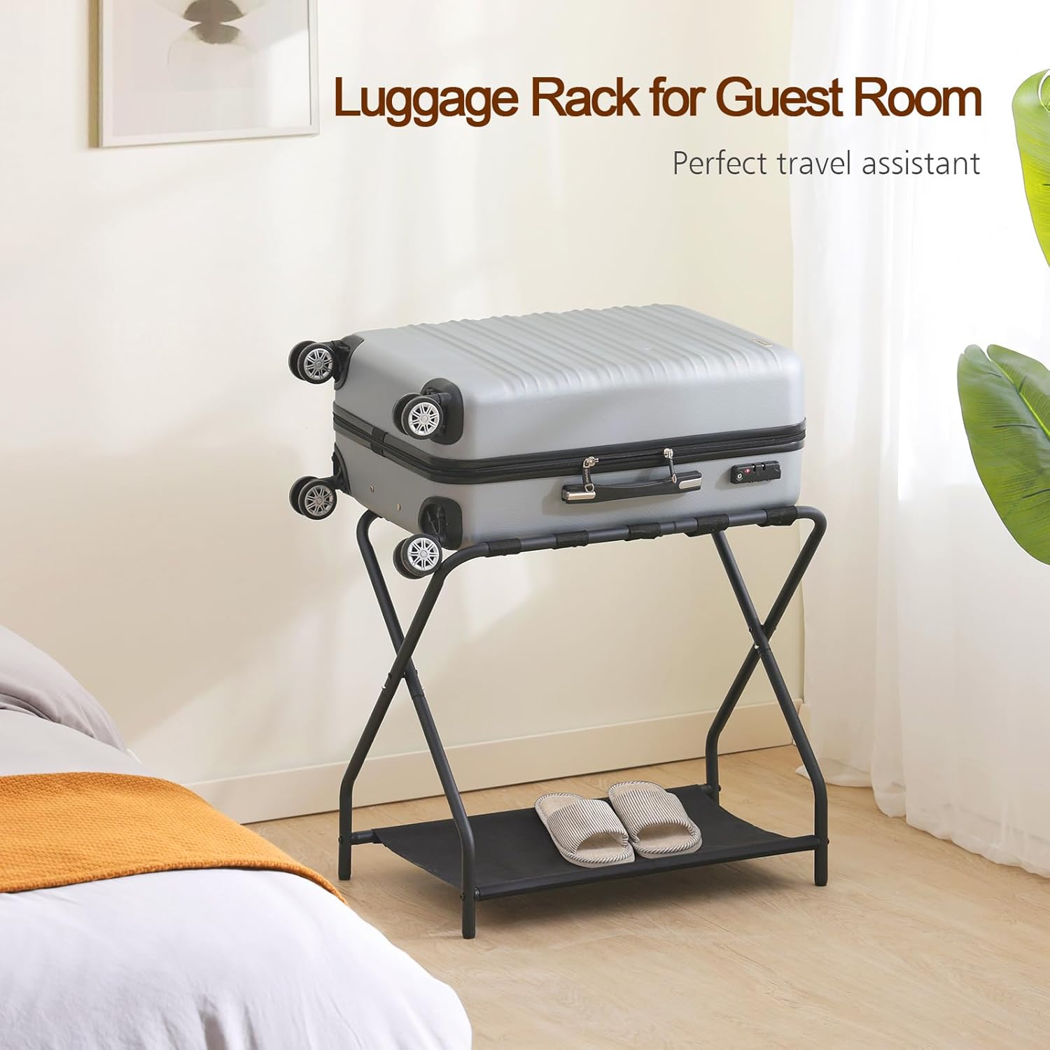 Set of 2 Foldable Luggage Racks with Storage Shelf, Heavy Duty Suitcase Stands for Guest Room, Bedroom, Hotel and Travel Organization