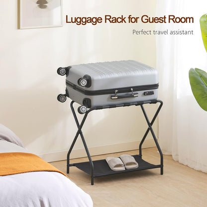 Set of 2 Foldable Luggage Racks with Storage Shelf, Heavy Duty Suitcase Stands for Guest Room, Bedroom, Hotel and Travel Organization