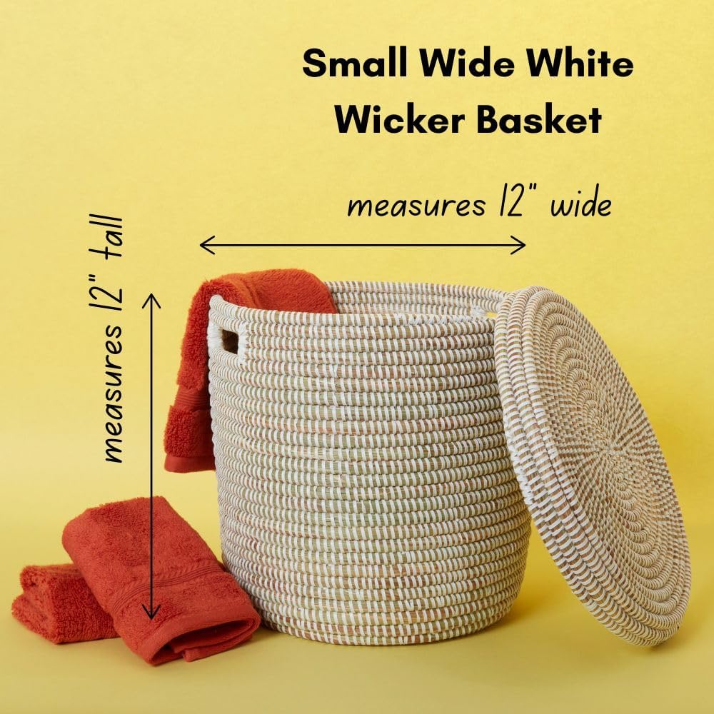 Handwoven White Wicker Storage Basket for Shelves, Bathroom Organizer Bin for Towels, Toilet Paper, Toiletries and Home Décor