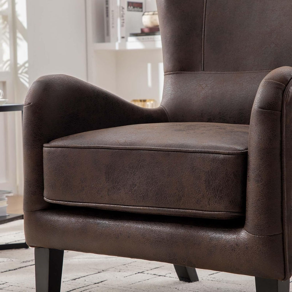 Classic Leather Wingback Accent Chair, Upholstered Armchair with High Back Support for Living Room, Bedroom, Reading Nook and Home Office