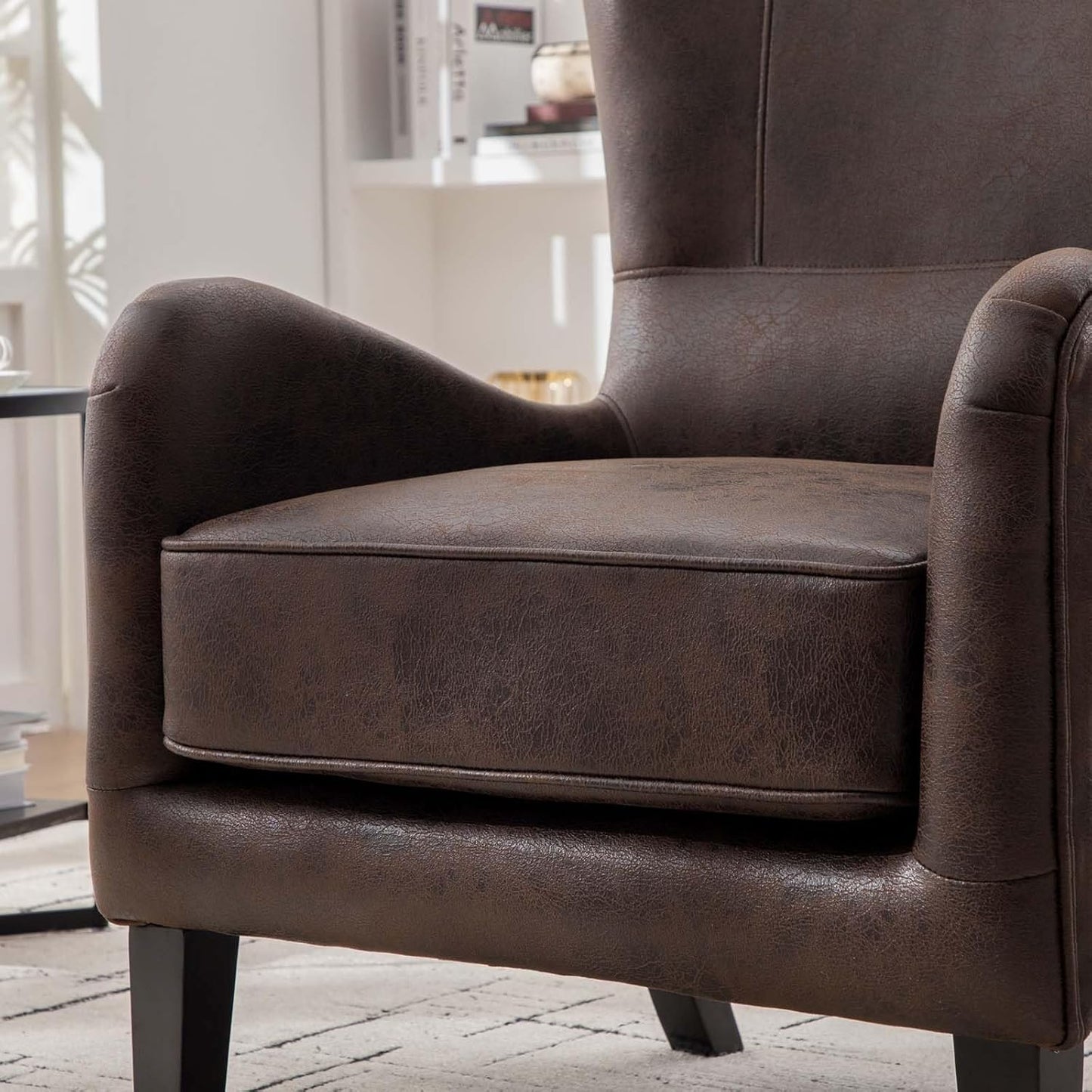 Classic Leather Wingback Accent Chair, Upholstered Armchair with High Back Support for Living Room, Bedroom, Reading Nook and Home Office