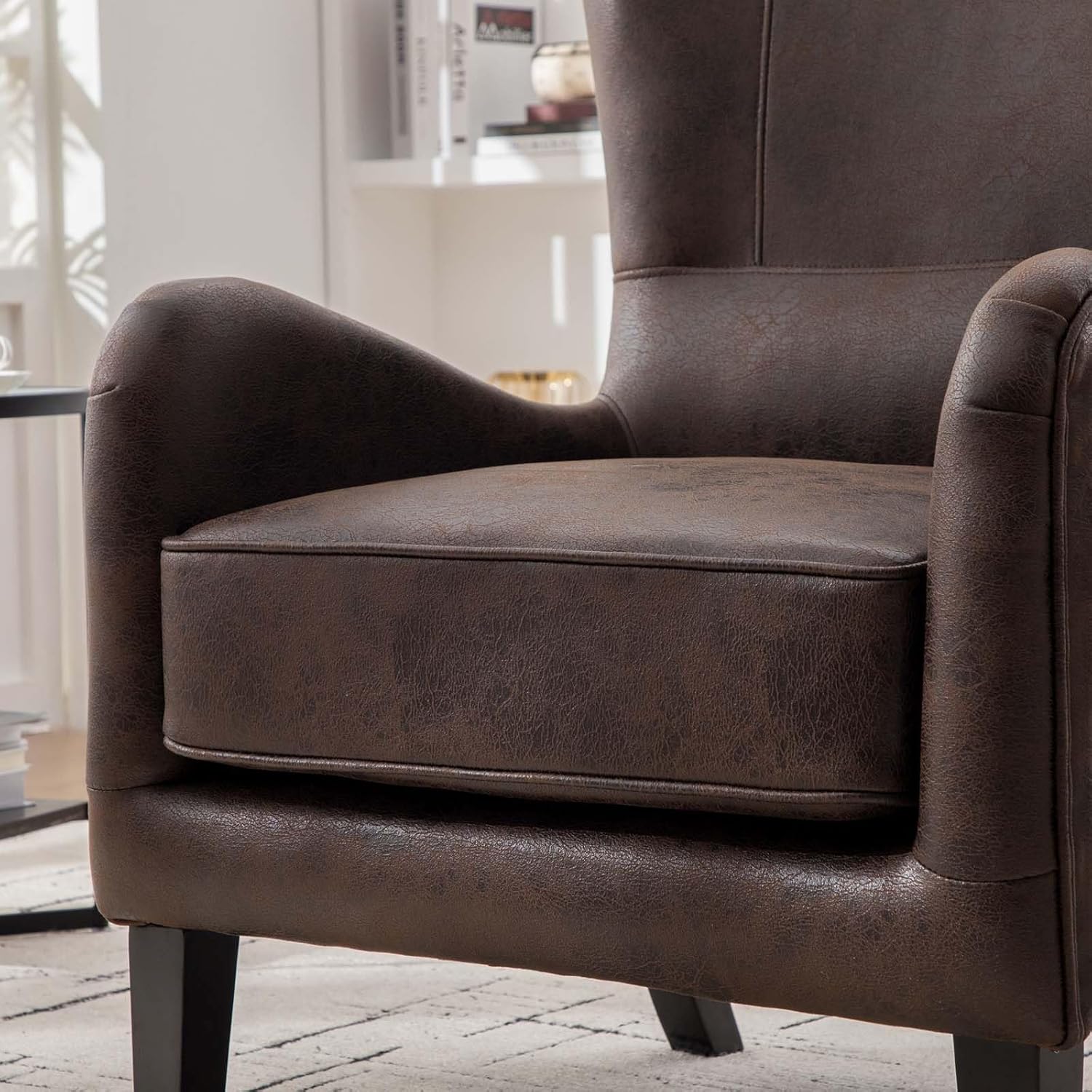 Classic Leather Wingback Accent Chair, Upholstered Armchair with High Back Support for Living Room, Bedroom, Reading Nook and Home Office