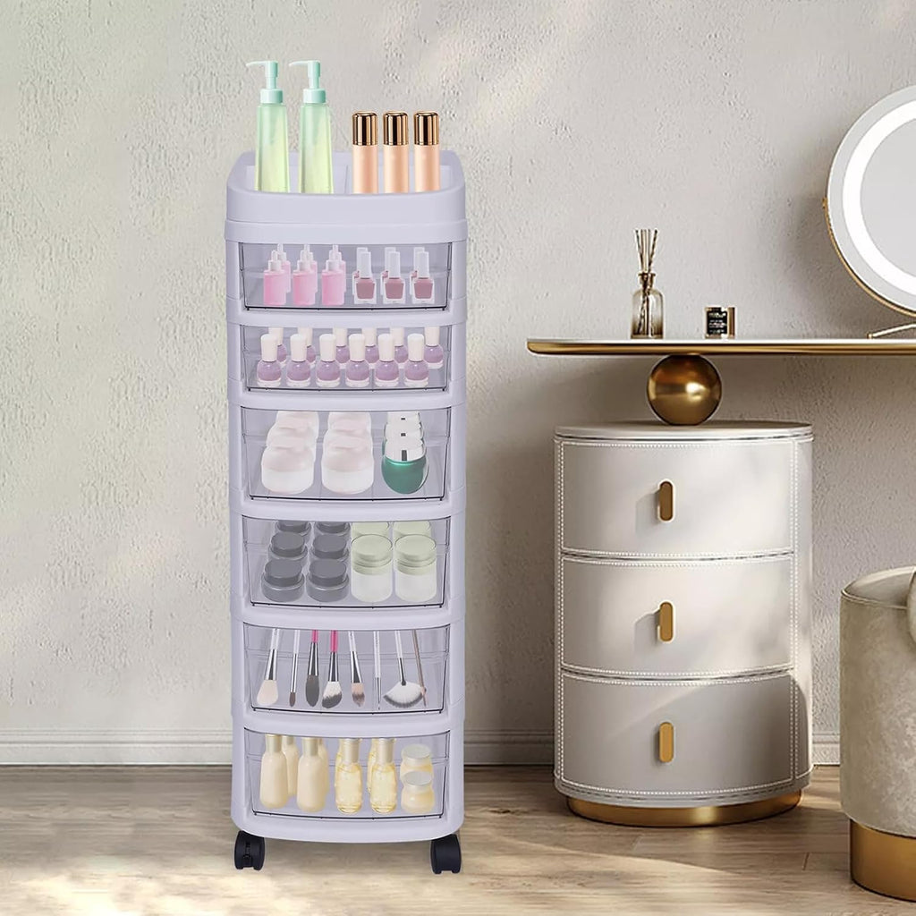 6-Drawer Rolling Storage Cart with Clear Drawers, Mobile Plastic Organizer Cabinet with Removable Wheels for Home, Office, Classroom and Craft Storage