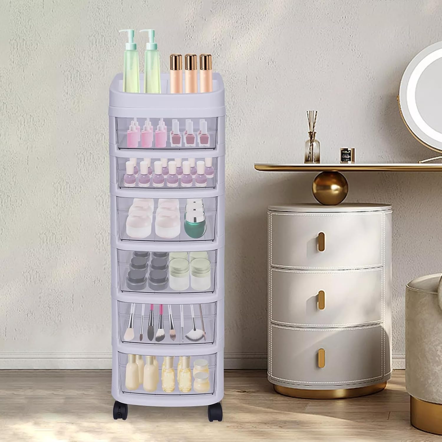 6-Drawer Rolling Storage Cart with Clear Drawers, Mobile Plastic Organizer Cabinet with Removable Wheels for Home, Office, Classroom and Craft Storage