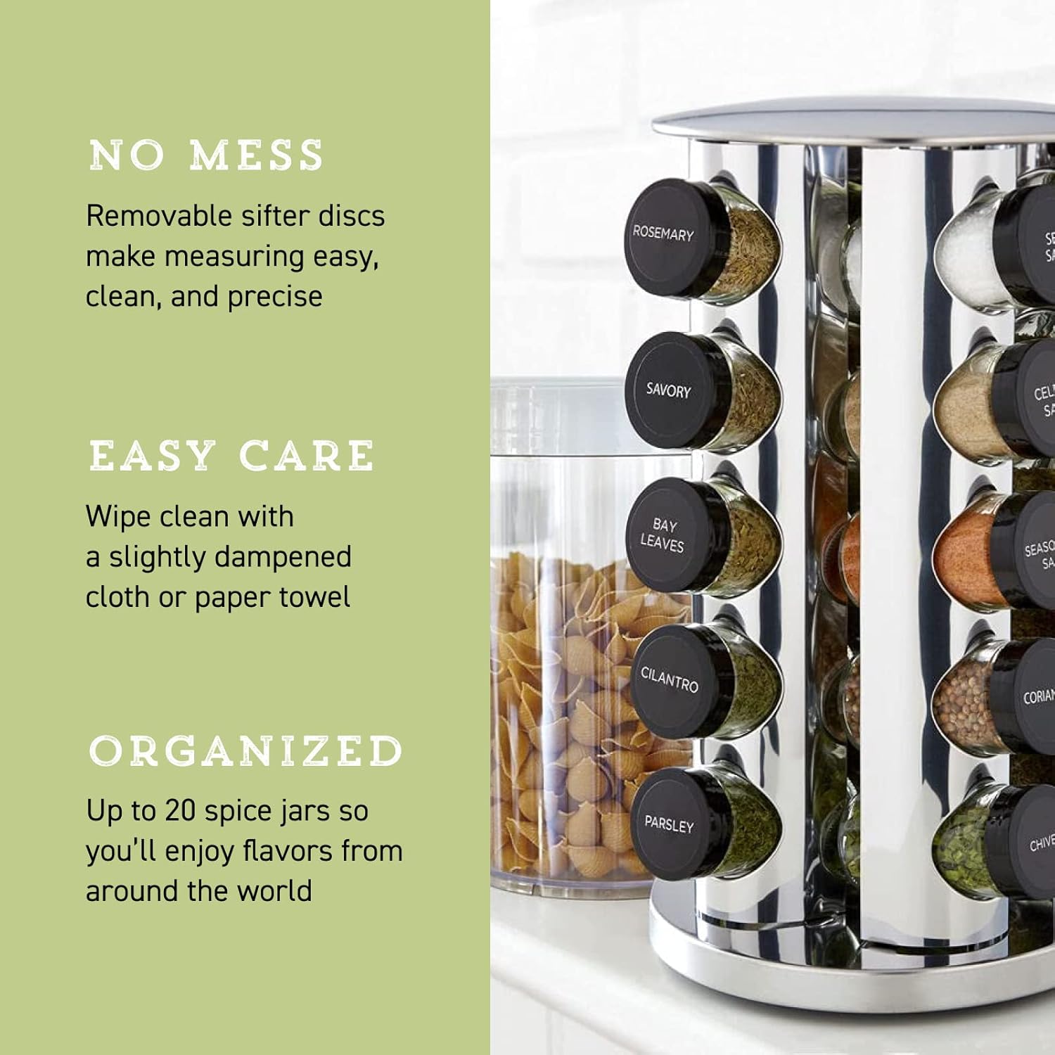 20-Jar Revolving Spice Rack Organizer with Included Spice Jars, Rotating Stainless Steel Countertop Seasoning Carousel for Kitchen Storage and Cooking Essentials