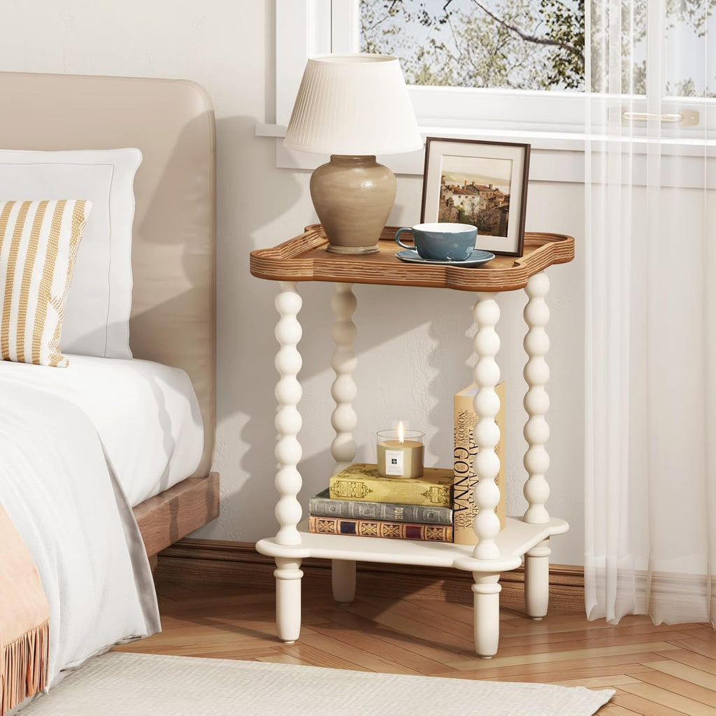Farmhouse Square Side Table with Open Shelf, French Country End Table and Nightstand with Tray Top and Vintage Spindle Legs for Living Room and Bedroom