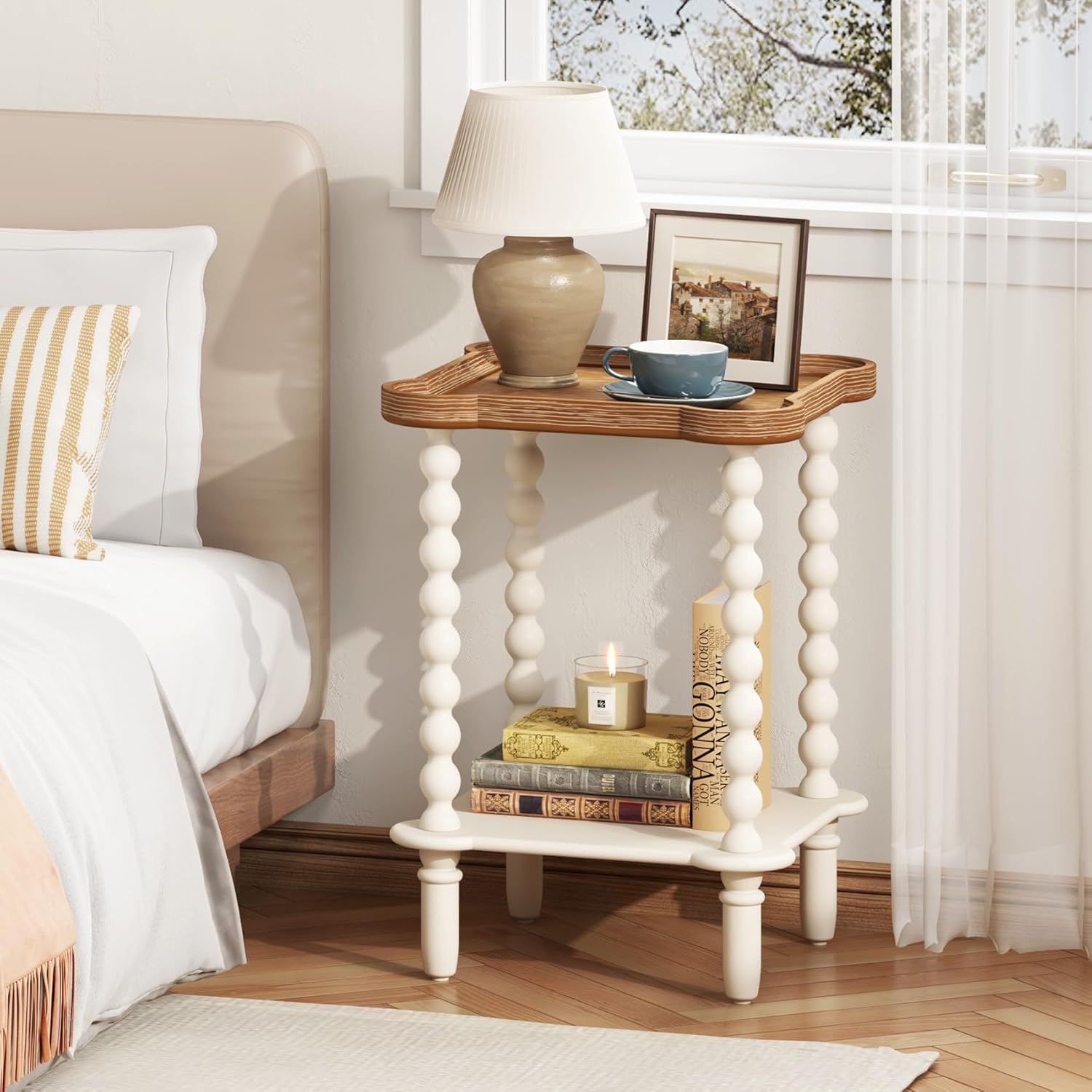 Farmhouse Square Side Table with Open Shelf, French Country End Table and Nightstand with Tray Top and Vintage Spindle Legs for Living Room and Bedroom