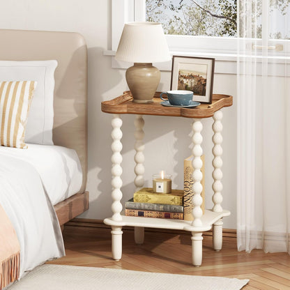Farmhouse Square Side Table with Open Shelf, French Country End Table and Nightstand with Tray Top and Vintage Spindle Legs for Living Room and Bedroom