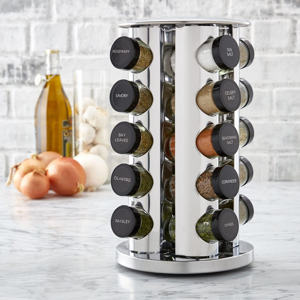 20-Jar Revolving Spice Rack Organizer with Included Spice Jars, Rotating Stainless Steel Countertop Seasoning Carousel for Kitchen Storage and Cooking Essentials
