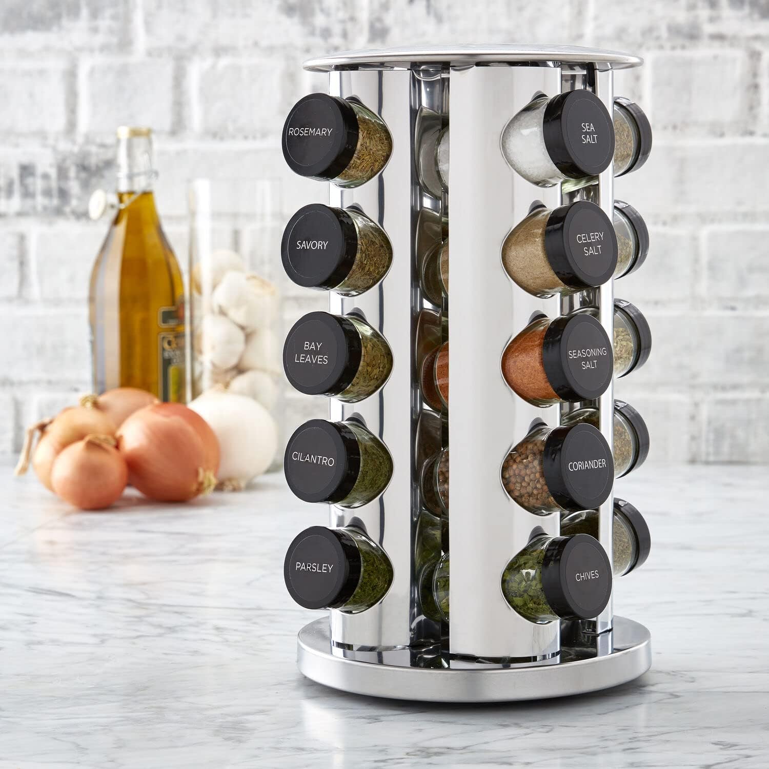 20-Jar Revolving Spice Rack Organizer with Included Spice Jars, Rotating Stainless Steel Countertop Seasoning Carousel for Kitchen Storage and Cooking Essentials